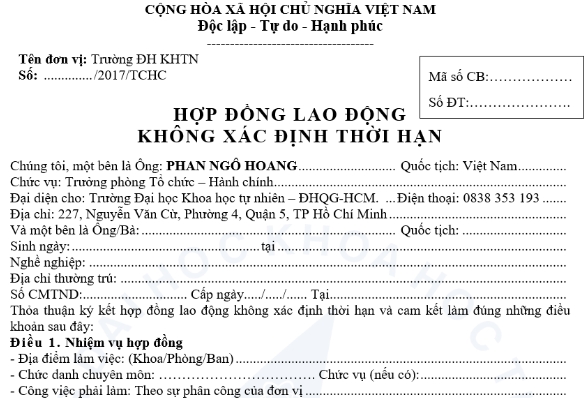 hợp đồng lao động không thời hạn